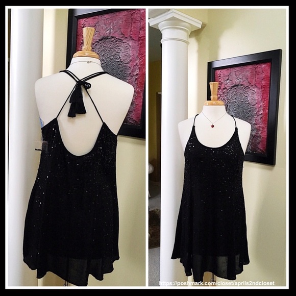 FREE PEOPLE BLACK EMBELLISHED Sequin Slip Dress - Picture 2 of 8